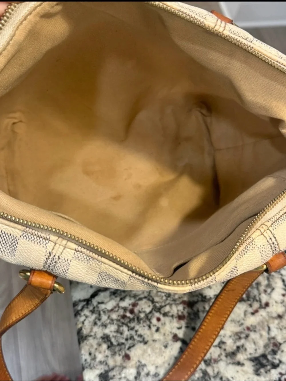 Louis Vuitton Cream Checkered Tote with Brown Leather Straps